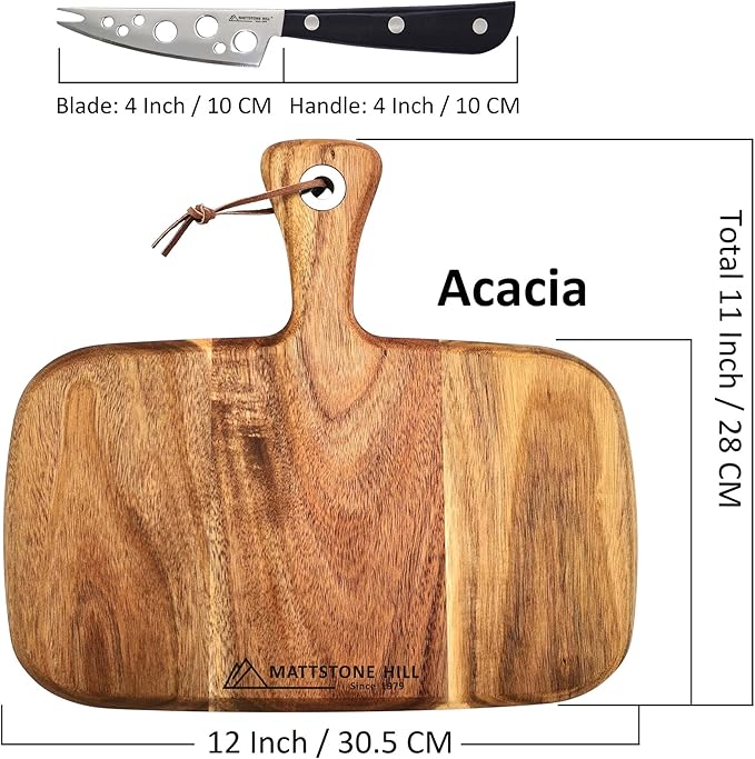 Cheese Knife Set - MATTSTONE HILL Cheese Knife & Acacia Cheese Board Set, Soft & Semi Hard Cheese Knife, Cutting Board, Charcuterie Board, Wood Serving Platter