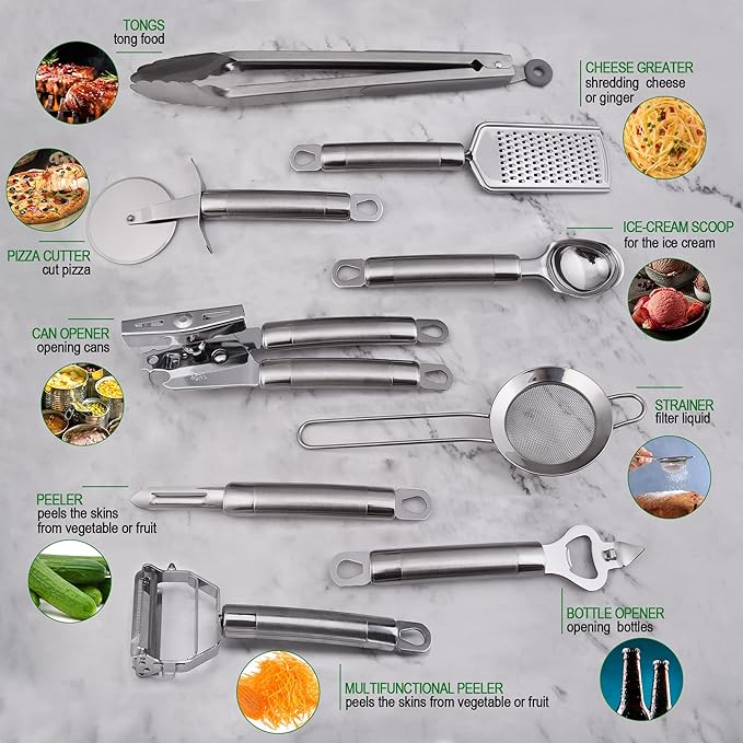 Stainless Steel Utensil Set, 28 Pcs Cooking Gadgets and Tools With Holder - Best Kitchen Tool Set Gift
