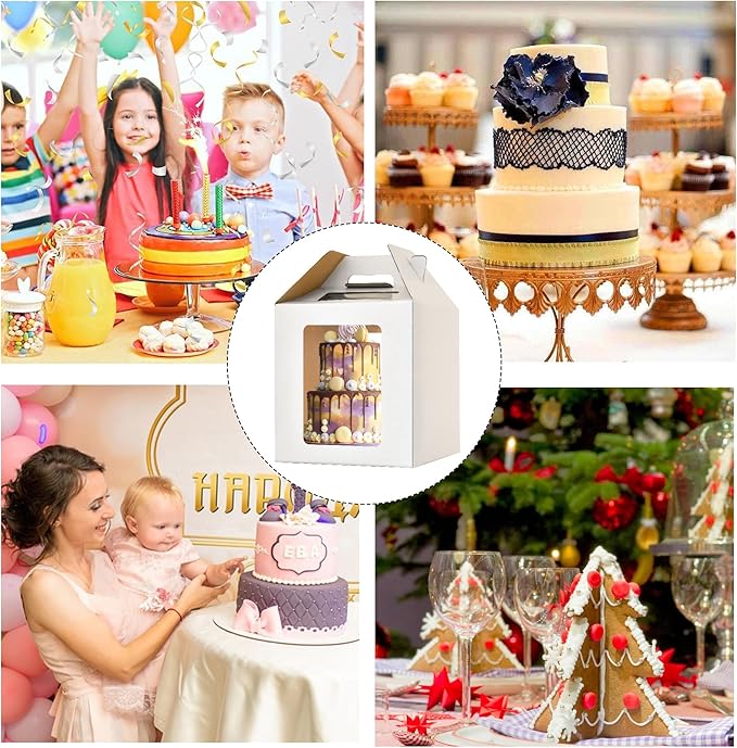 2 Pack Tall Cake Boxes for Tier Cakes,12 x12x12 Inches Large Tiered Cake Carriers with Windows,10in 12in Disposable Layer Tall Baking boxes with Handle,Durable Large cake box