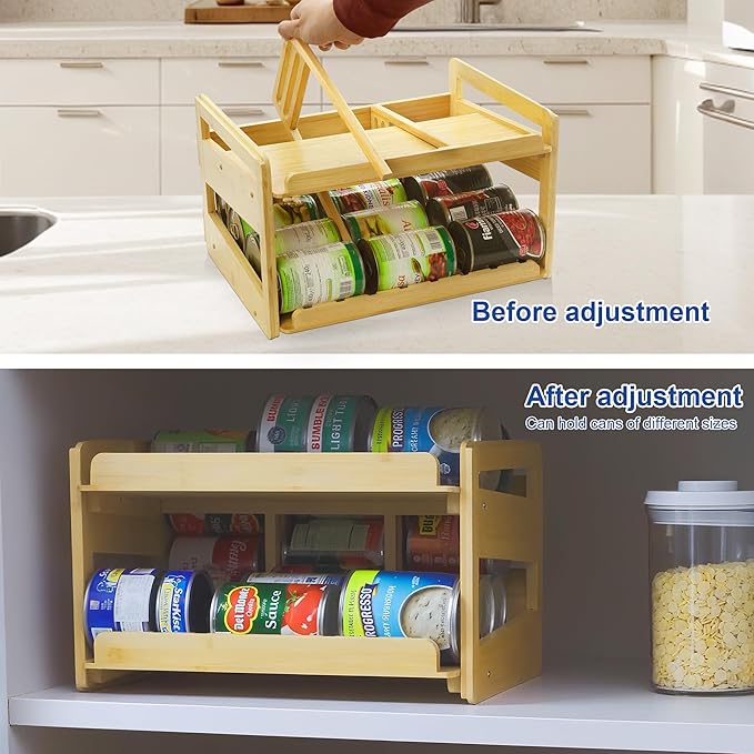 MinBoo Adjustable Can Organizer Rack, Two Tier Bamboo Stackable FIFO Cans Dispenser, Modern Style, Countertop, Assembly Required, Anti Shedding