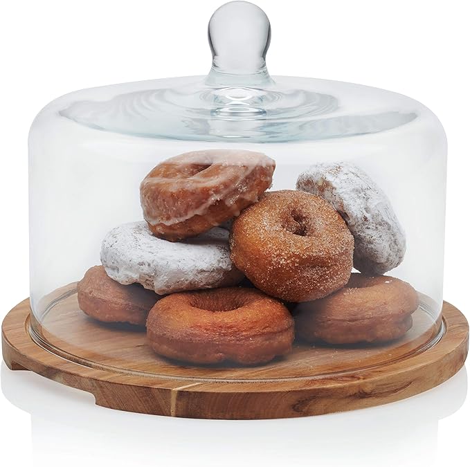 Libbey Acacia Wood Cake Stand with Dome Lid, Ball Top Handle Cake Holder with Lid, Covered Cake Stand, Durable Glass Dome Cover