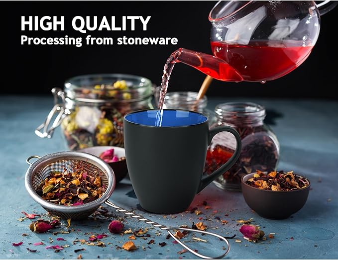 MIAMIO - Set of 6 Stoneware Coffee Mugs 12 Ounce/Cup Set - Le Papillon Collection (Black-Blue)