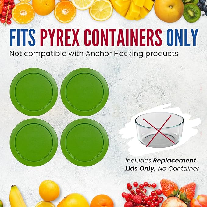 Replacement Lids for Pyrex 4-Cup Glass Food Storage Container Bowls, 6-Inch Plastic Round Lids Covers fits Pyrex 7201-PC, Airtight & Leakproof (4-Pack, Green)
