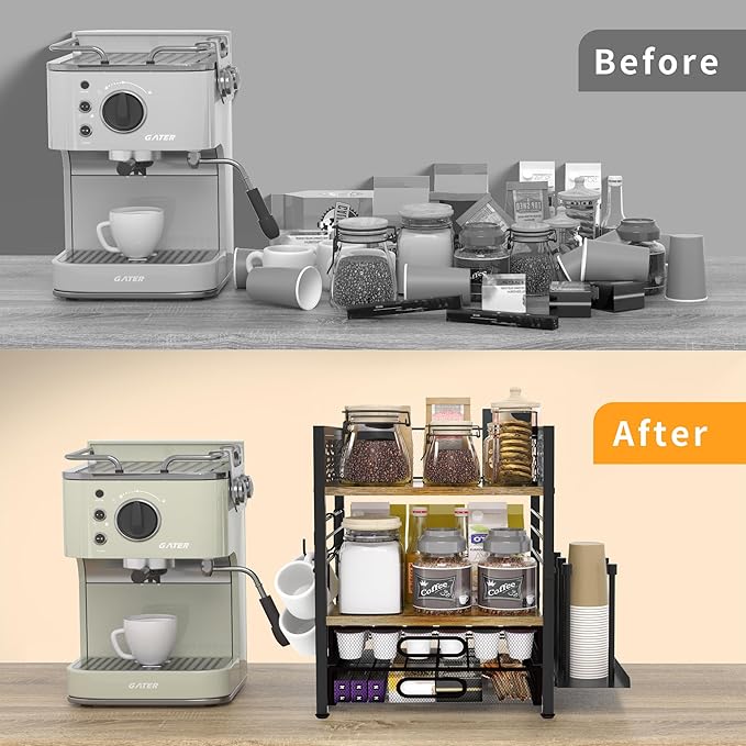 Coffee Bar Organizer - 4 Tier Coffee Station Organizer for Countertop, Coffee Bar Storage with 4 Hooks, with K Cup Storage Drawer and Cup Holder, Multifunctional Shelf for Accessories Kitchen