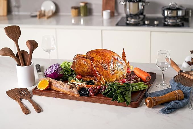 AZRHOM XXL Large Walnut Wood Cutting Board for Kitchen 24x18 (Gift Box) with Juice Groove Handles Non-slip Mats Thick Reversible Butcher Block Chopping Board