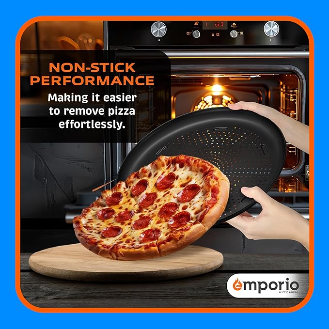 Pizza Baking Pan - 15.75-Inch Round Perforated Carbon Steel Tray with Non-Stick Coating, Dishwasher Safe, Oven Safe (Up To 450° F), Airflow Design, PFOA, PFOS, PTFE Free, Gray