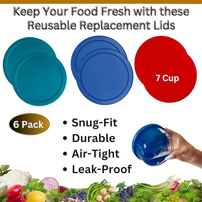 7 Cup/1.65 L Replacement Lids/Covers for Pyrex 7402-PC, Anchor Hocking & KlareWare Storage Bowls *Lids Only - Glass Container Not Included* (Turquoise, Blue, Red, 6 Pack)