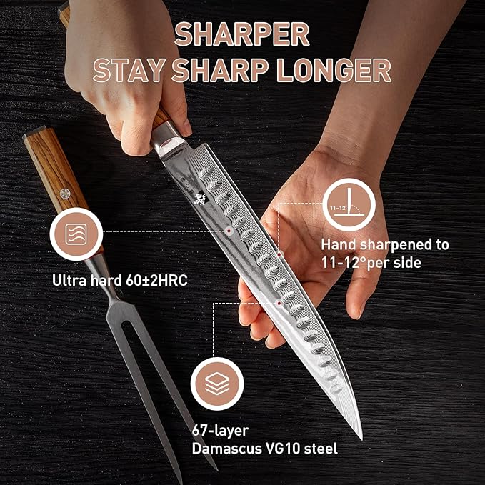 Carving Knife and Fork Set for Meat Turkey - Set of 2 with 9 inch Damascus Slicing Carving Knife and 6 inch Fork - Damascus VG10 Steel 67-Layer - Natural Olive Wood Handle- Exquisite Box