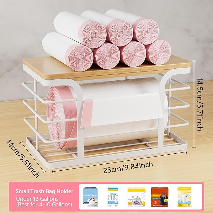 Trash Bag Holder Dispenser with Bamboo Top,Wall Mount Garbage Bag Dispenser,Stackable Storage for Kitchen Laundry Room Organization,White Small