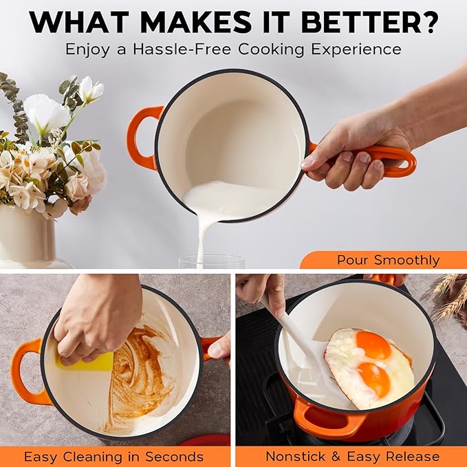 Onader 2 Quart Saucepan with Lid, Enameled Cast Iron Sauce Pan, Small Cooking Sauce Pot, Enamel Dutch Oven Pot Nonstick – Sunset Orange