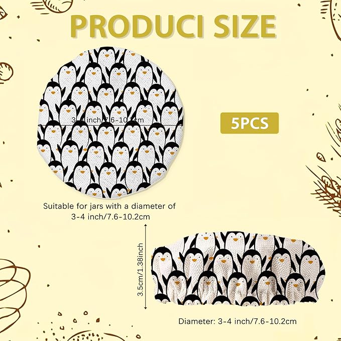 Cute Penguins Sourdough Starter Jar Covers Reusable,Breathable Fabric Lids for Mason Jars,Wide Mouth and Regular Mouth(5 Pack)
