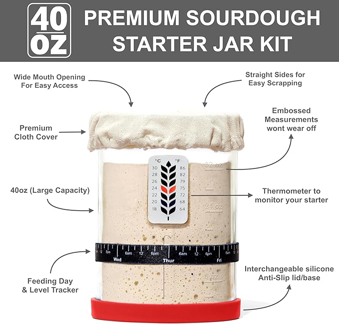 Premium Sourdough Starter Jar - 40oz Large Sourdough Jar with Marked Feeding Band, Thermometer, Scraper, Cloth Cover and Silicone Lid/Base, Wide Mouth Starter Kit - Red
