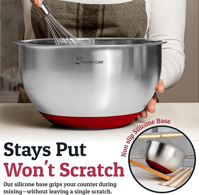 Priority Chef Stainless Steel Mixing Bowls with Lids Set, Metal Nesting Bowls with Airtight Lids, Graters, Non-Slip Base & Measurement Marks, Includes Utensil Set for Prep, Baking & Storage, Red