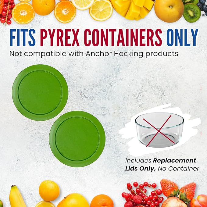 Replacement Lids for Pyrex 6 & 7-Cup Glass Food Storage Container Bowls, 7.5-Inch Plastic Round Lids Covers fits Pyrex 7402-PC, Airtight & Leakproof (2-Pack, Green)