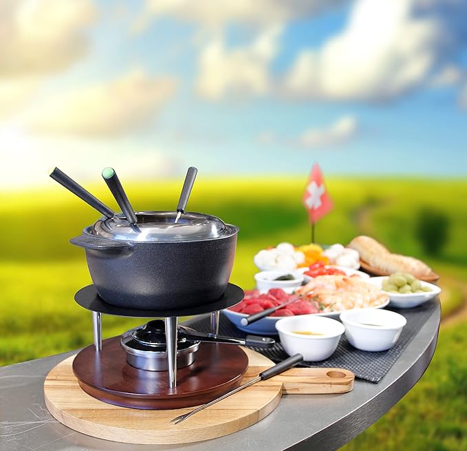 Swissmar Summit 10-Piece Matte Black Cast Iron Fondue Set - Ideal for Melting Cheese, Chocolate, Butter, & More - Perfect for Kitchen Collection & Wedding Gift Giving - 1Liter / 1.05 Quart