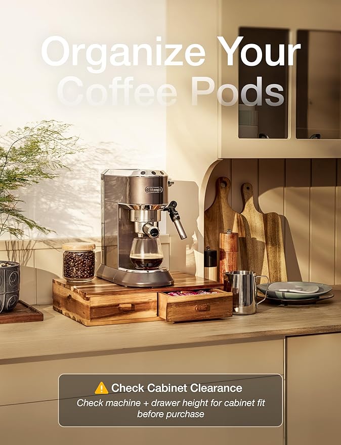 Tinamo Acacia Wood Coffee Pod Storage Box, Coffee Pods and Tea Organizer Holder, K Pod Drawer Coffee Maker Machine Stand, for K-Cup Drawer Organizer Under Brewer (Acacia, 2 drawer)