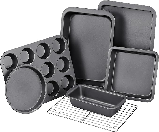 KITESSENSU Baking Pans Sets, Nonstick Bakeware Sets 7-Piece with Round/Square Cake Pan, Loaf Pan, Muffin Pan, Cookie Sheet, Roast Pan, Cooling Rack, Carbon Steel Bake Set