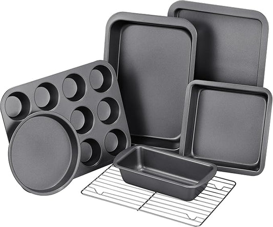 KITESSENSU Baking Pans Sets, Nonstick Bakeware Sets 7-Piece with Round/Square Cake Pan, Loaf Pan, Muffin Pan, Cookie Sheet, Roast Pan, Cooling Rack, Carbon Steel Bake Set
