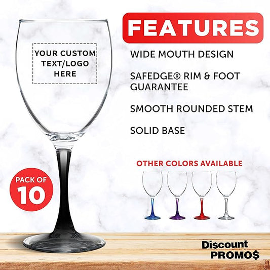 Custom Nuance Wine Glasses by ARC 10.5 oz. Set of 10, Personalized Bulk Pack - Restaurant Glassware, Perfect for Red Wine, White Wine, Cocktails - Black