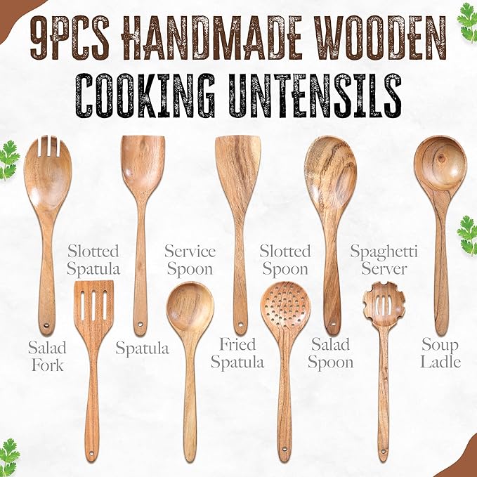 INTAJ Premium Teak Wooden Spoons for Cooking – 9-Piece Kitchen Utensils Set, Durable & Nonstick Safe, Eco-Friendly,Ergonomic Stir, Mix, Scrape & Serve – Ideal for Nonstick,Cast Iron & Ceramic Cookware