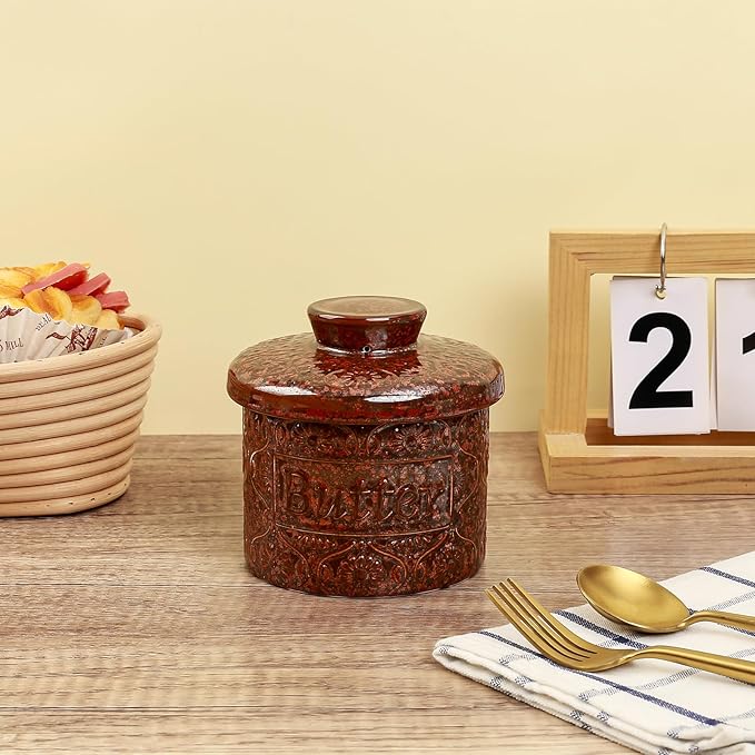Butter Crock, Ceramic French Butter Dish with Lid for Countertop, Butter Keeper with Water Line for Fresh Spreadable Butter (Vintage Red)
