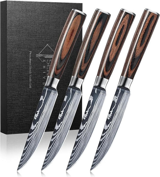 SENKEN Non-Serrated Steak Knife Set with Damascus Pattern - Razor Sharp Straight Edge Blade, Stainless Steel & Wood Handle (Steak Knives Set of 4)