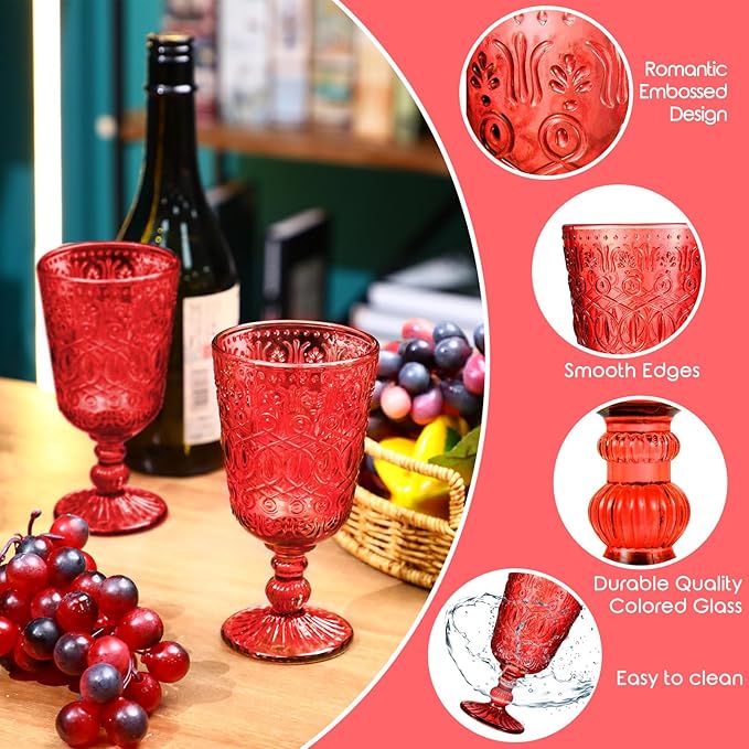 Eaasty Wine Glasses Set of 12 Vintage Goblet 9 oz Vintage Colored Glass Goblet Beverage Stemmed Glass Cups Romantic Embossed Glassware for Wedding Party Holidays Anniversary (Red)