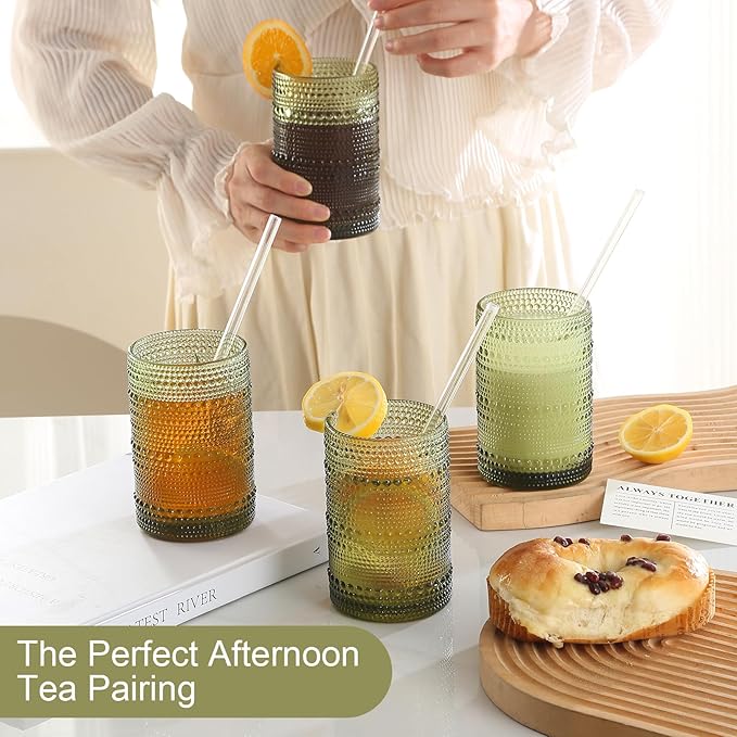 Vintage Hobnail Drinking Glasses Set of 8,Green 12 oz & 15oz Highball Glass Cups, Kitchen Drinkware Glassware,Embossed Water Tumbler,for Beer,Cocktail,Whiskey,Juice and Various Mixed Drinks