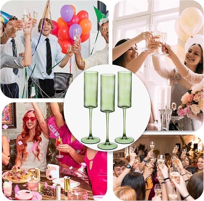 6 Pieces Green Champagne Flutes,6 OZ Twill Pattern Striped Vintage Stem Glasses Stemware Wine Glasses Champagne Long Stem Drinking Colored Glasses Goblets for Wedding Cocktail Cups,Cava, Prosecco