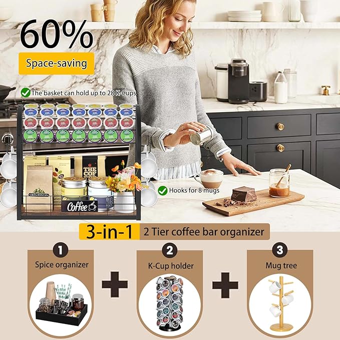 K Cup Coffee Pod Holder, 2 Tier Coffee Bar Organizer with 8 Mug Hooks, 2025 New K Cup Holders for Counter, Easy Assembly, Multi-functional Coffee Station Organizer for Countertop, Home or Office,Black