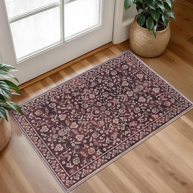 Vintage Entryway Rug Indoor, Deep Burgundy Washable Rug 2x3, Small Area Rug with Non-Slip Backing, Floral Print, Thin Faux Wool Super Soft Door Mat for Kitchen, Entrance, Bedroom, Office