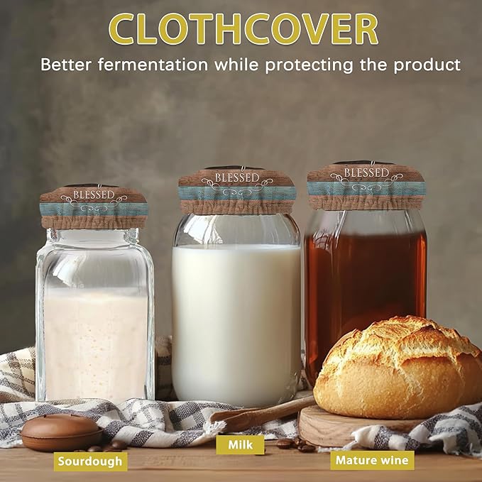 Sourdough Starter Jar Covers,5-Pack Reusable Thankful Grateful Blessed Cloth Lids for 3-4 Inch Jars,Ideal for Kombucha Kefir or Cheese Fermentation