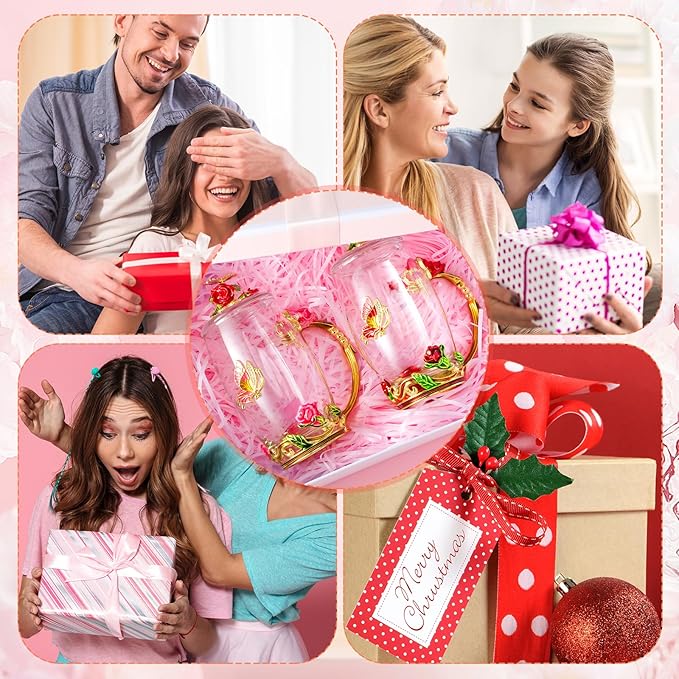 Nuanchu 4 Sets Flower Glass Tea Cups with Lids and Spoon Butterfly Vintage Glass Coffee Mugs Floral Fancy Clear Teacup for Christmas Women Mom Wife Girlfriend(Pink, Purple, Blue, Red,12 oz)