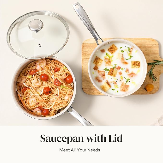 Redchef Nonstick Ceramic Sauce Pan With Lid, 3.5QT Small Cooking Pot with Stay-Cool Handle, Kitchen Non Toxic Soup Pot, PTFE & PFOA Free, Oven & Dishwasher Safe, Compatible with All Stovetops-Beige