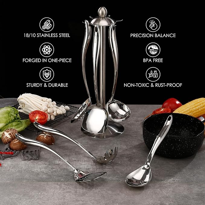 18/10 Stainless Steel Cooking Utensils Set with Holder, 7-Pieces All Metal Kitchen Utensils, 15’’ Long Kitchen Tools with Countertop Rotating Stand, Spatula, Ladle, Skimmer, Tunner, Pasta, Large Spoon