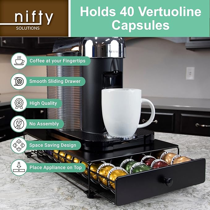 Nifty Vertuoline Rolling Coffee Pod Drawer – Satin Black Finish, 40 Pod Capsule Holder, Compact Under Coffee Pot Storage, Office or Home Kitchen Counter Organizer