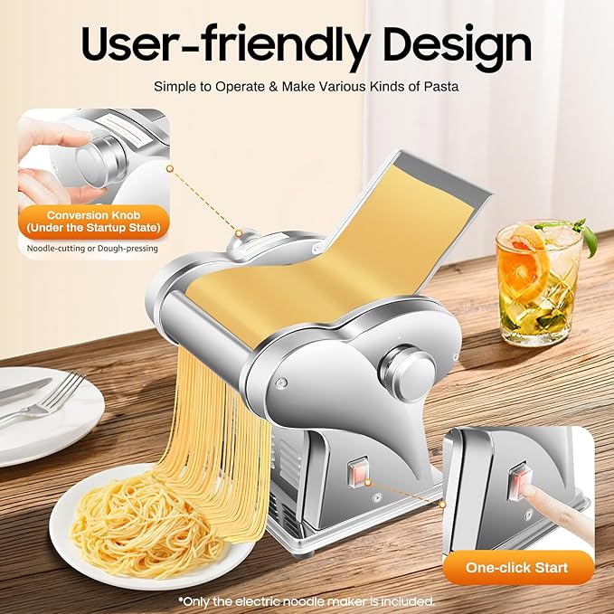 Electric Pasta Maker Machine, Automatic Dough Sheeter Dough Roller, Noodles Dumpling Skin Maker, Thickness Adjustable Stainless Steel, for Home Family Use（110V）