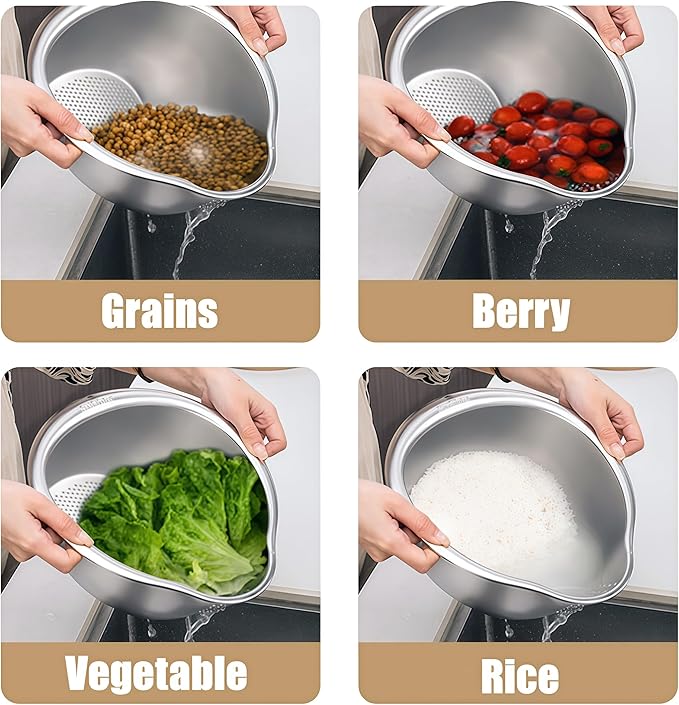 Rice Washing Bowl with Side Drainer Strainer Small Quinoa Washer Bowl, Stainless Steel Colander for Cleaning Fruits, Vegetables, and Beans - Versatile Kitchen Tool