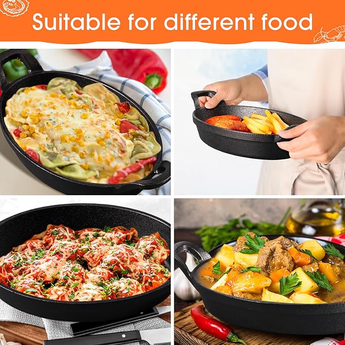 Mifoci 2 Pcs Oval Serving Dish Mini Cast Iron Skillet Cast Iron Baking Pan Sizzling Plate Matte Black Gratin Cookware for Home Restaurant Kitchen Food Service Barbecue (10.8" X 6.1")