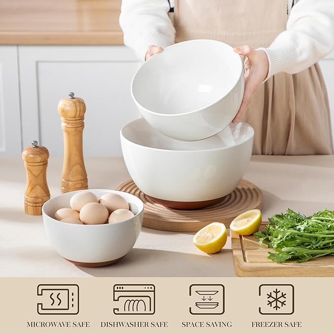 MALACASA Ceramic Mixing Bowls, Large Serving Bowls for Mixing, Cooking, Prepping, Baking, Salad, Soup, Pasta, Nesting Bowls Set of 3, 46/80/140 Oz, Oven, Microwave and Dishwasher Safe, Series TARA