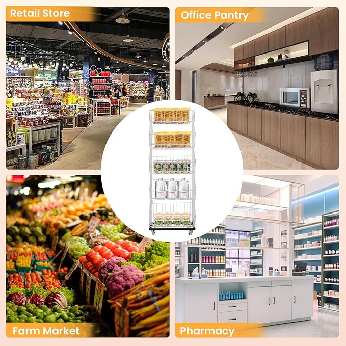 Retail Display Rack 5-Tier Market Merchandise Display Shelf Fruit Store Storage Shelf Vegetable Snack Basket Retail Store Supplies with Wheels for Home Store Market (18" D X 19" W X 55" H- White)