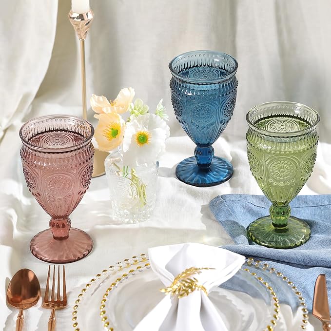 4Pcs Blue Wine Glasses, 12oz Glass Goblets, Vintage Drinking Glassware, Colored Glassware Set for Party Home Wedding Baby Shower