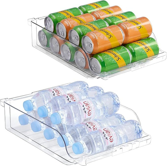 Adjustable Soda Can Dispenser for Refrigerator –Expandable Width PET Drink Organizer, Stackable Space-Saving Fridge Organizer for Cans & Bottles – 2 Pack