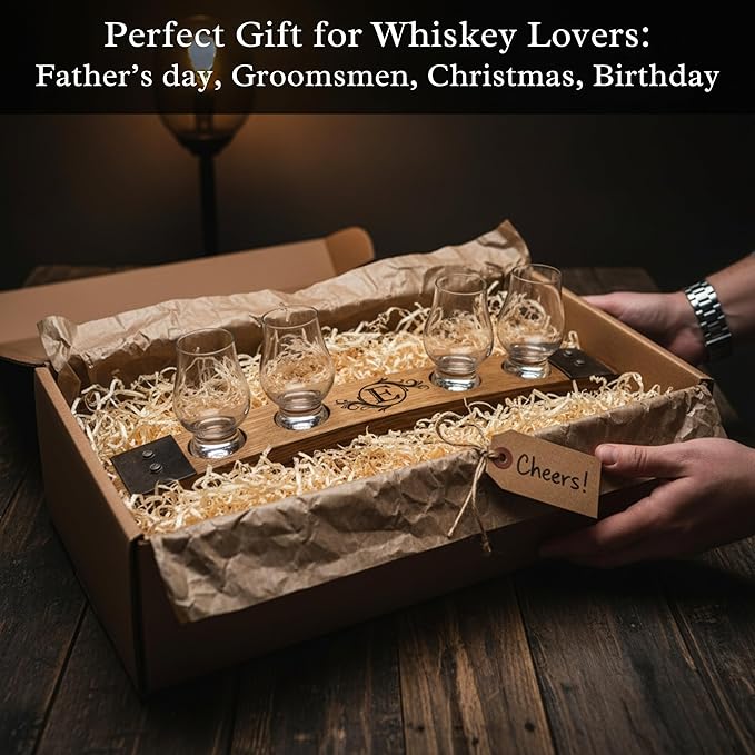 Personalized Premium 4 Glass Whiskey Flight/Engraved Center/Personalized Gift/Crystal Glass Option/Natural Oak Color (Circle Flourish)