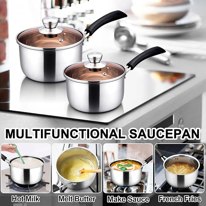 LIANYU Saucepan with Lid, 1 Quart and 2 Quart Stainless Steel Saucepan, Small Pot Milk Soup Pan for Home Kitchen Restaurant, Long Heatproof Handle, Dishwasher Safe