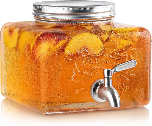 MosJos Glass Drink Dispenser for Fridge - Stainless Steel Spigot Mason Jar Dispenser with Wide Opening & Easy-Fill - Beverage Storage for Outdoor, Water, Iced Tea, Juice, Sangria & Detergent, 1 GALLON