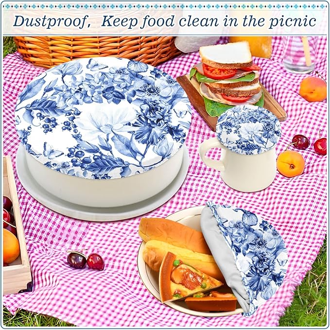 5 Pcs Bowl Covers Reusable in 5 Size Elastic Food Cover Cloth Lids Fresh Keeping Dish Cookware Bakeware Fabric Covers Lids for Food Leftovers Fruits Storage Blue and White