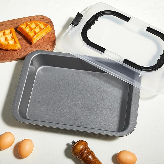 2 Pcs Cake Baking Pan with Lid and Handle, 9 x 13 Inch Non-stick Rectangle Sheet Cake Pan Carrier for Brownie Roasting Cooking Baking (Black Gray)
