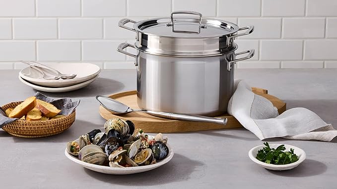 Le Creuset Stainless Steel Classic 3-Ply Deep Pasta Pot and Sieve, 7.5qt