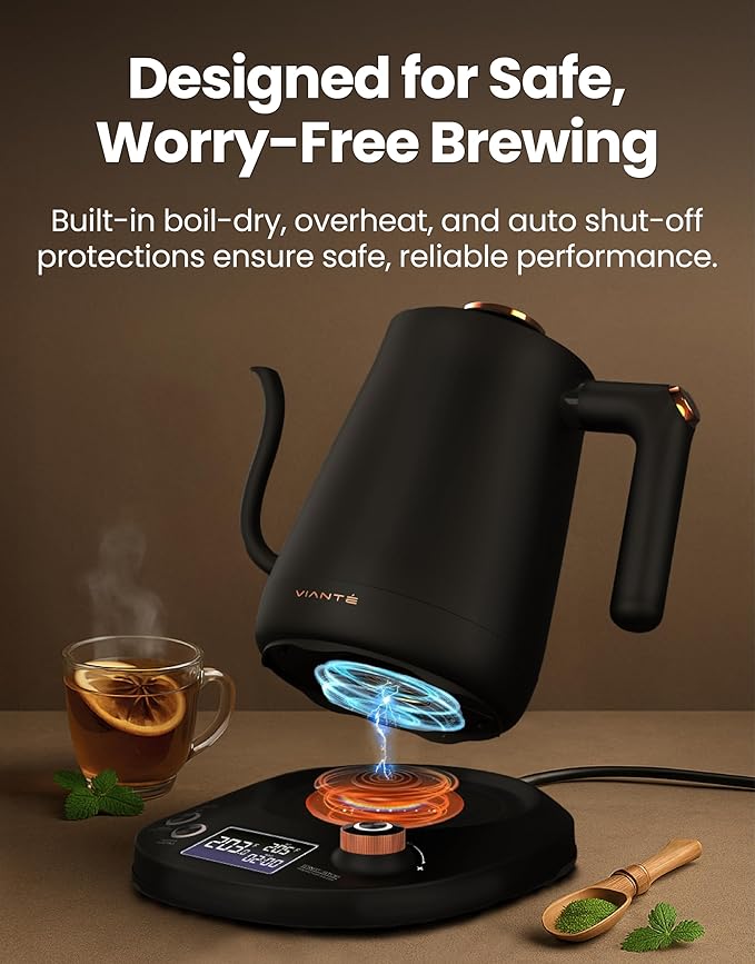 Vianté Electric Gooseneck Kettle with Precise Temperature Control. Pour Over Coffee & Tea Kettle. Boil-Dry Protection & Keep Warm Function. Stainless Steel, BPA-Free. Includes V60#2 Filters. 0.8L